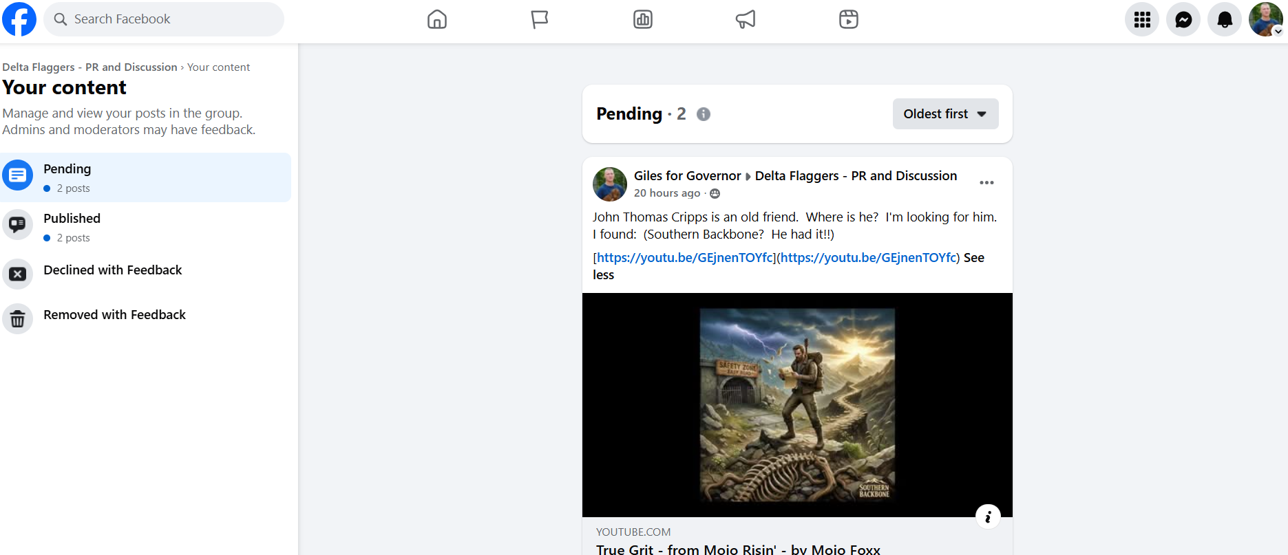 Facebook screen showing the pending post announcing a complete State Flag Commission hearing recording