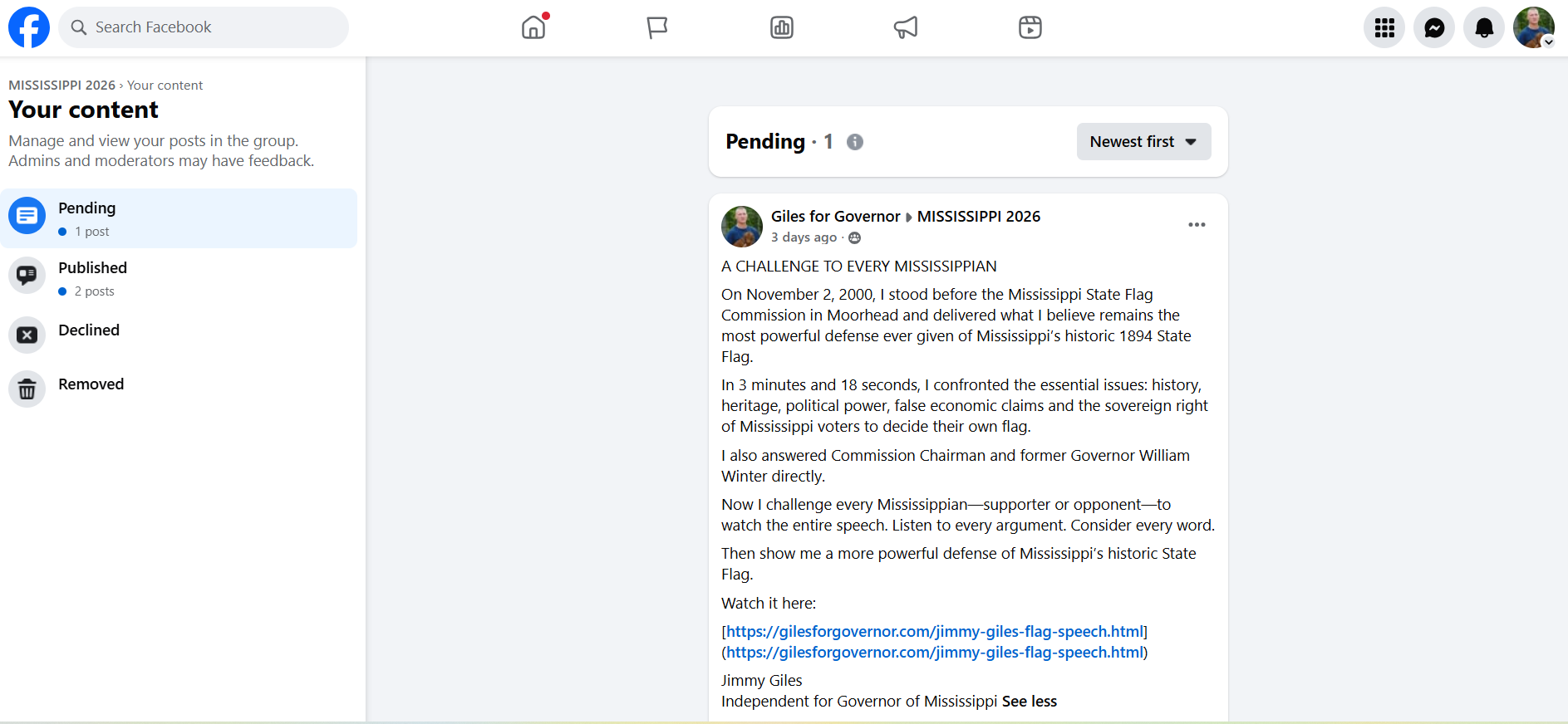 Facebook screen showing the Giles for Governor flag-speech challenge pending in the MISSISSIPPI 2026 group after three days