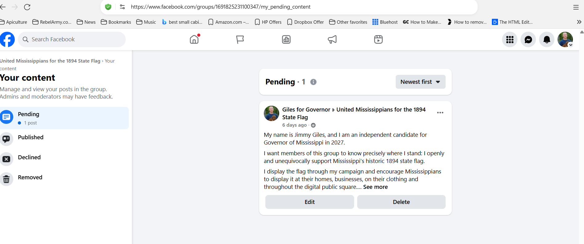 Facebook screen showing one Giles for Governor post pending in United Mississippians for the 1894 State Flag after six days
